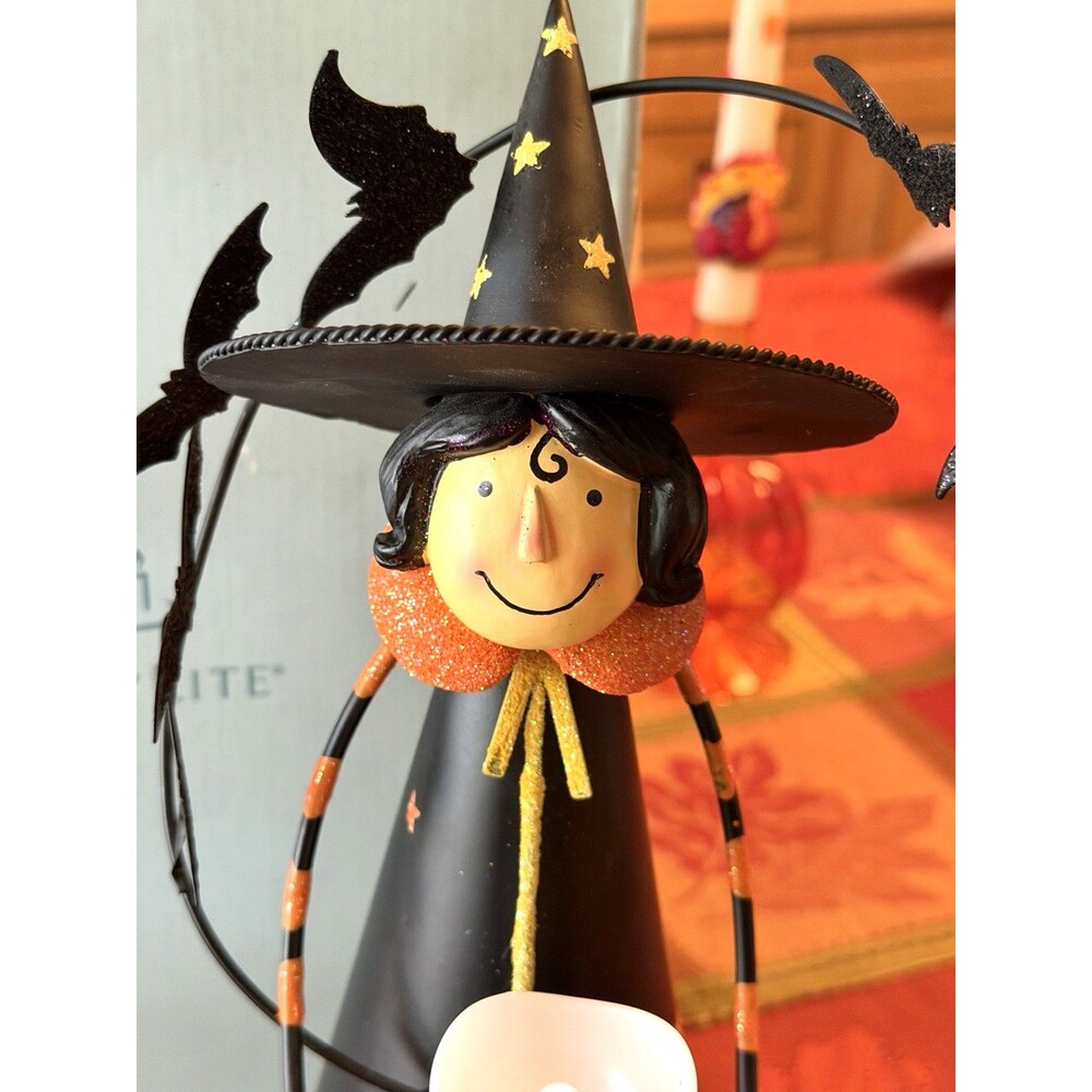 PartyLite Abracadabra Witch Halloween Candle Tealight Holder Glitter Bats W/ Box - Picture 2 of 8